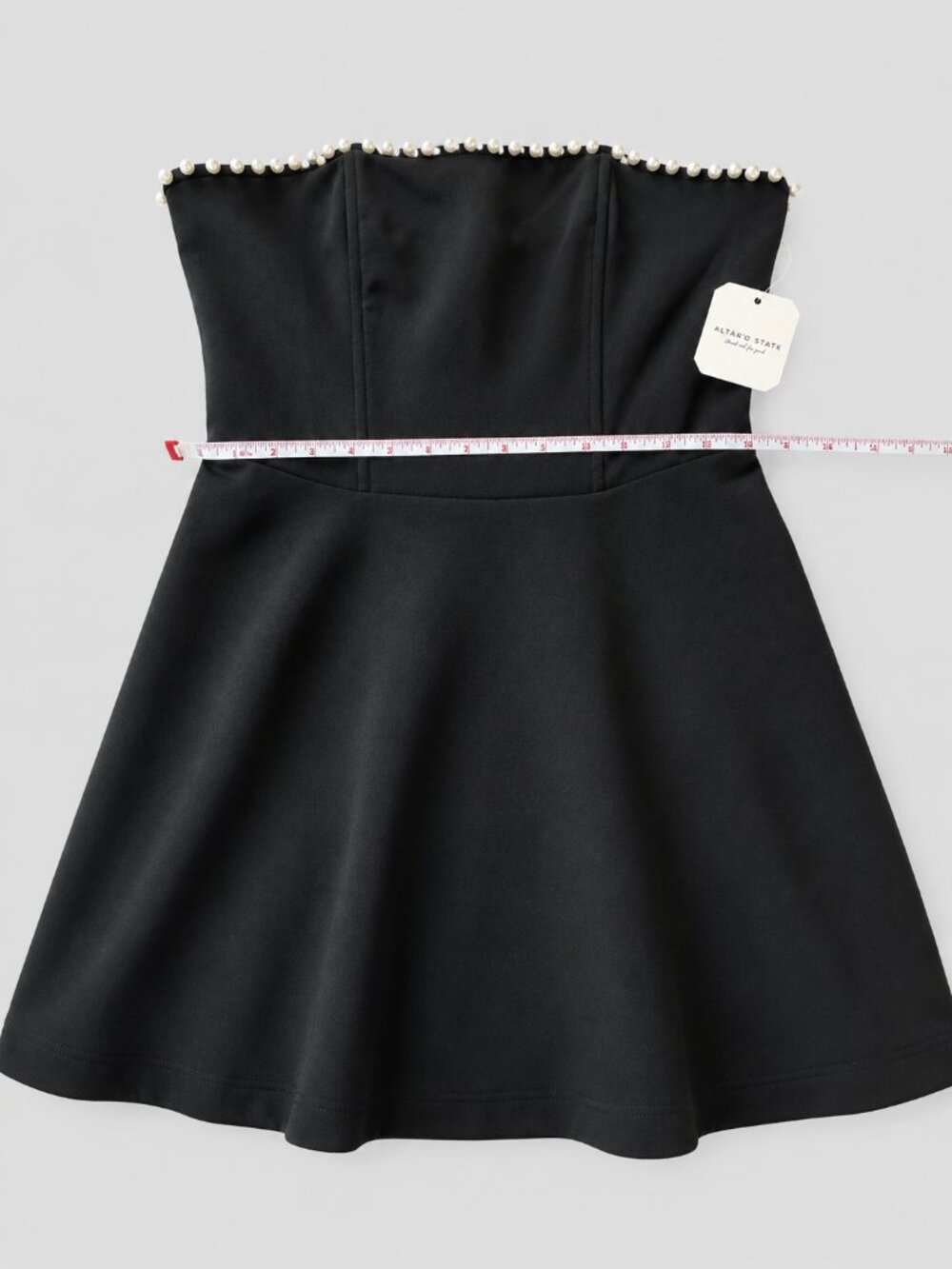 NWT Altar'd State Black Strapless Mini Dress Pearl Trim Fit and Flare Cocktail - Picture 2 of 6
